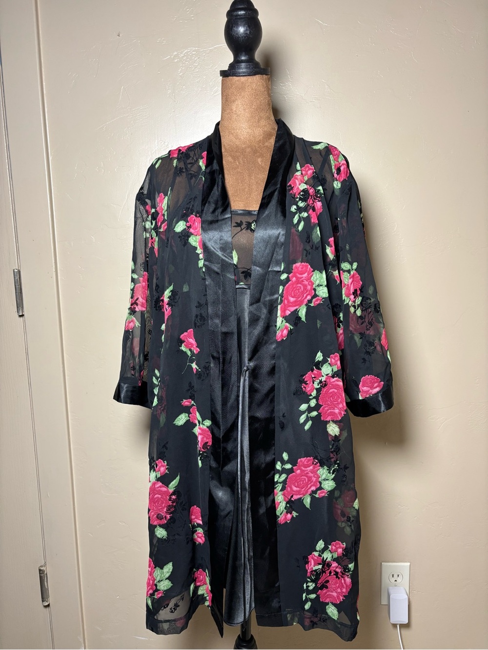 Secret Treasures Black Sheer Kimono Robe and dress with Rose Floral Print